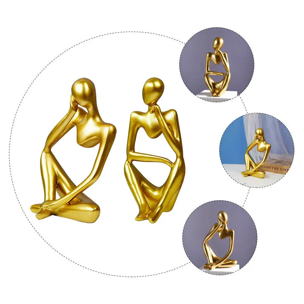 2Pcs Thinker Sculpture Abstract Resin Art Decor Desktop Ornament Living Room Office Table Thinker Statue Household Resin Craft