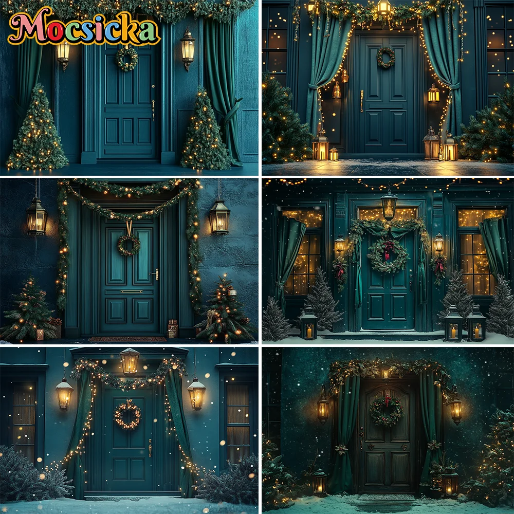 

Winter Christmas Photography Background Green Wall Window Curtain Xmas Tree Kids Family Portrait Decor Backdrop for Photo Studio