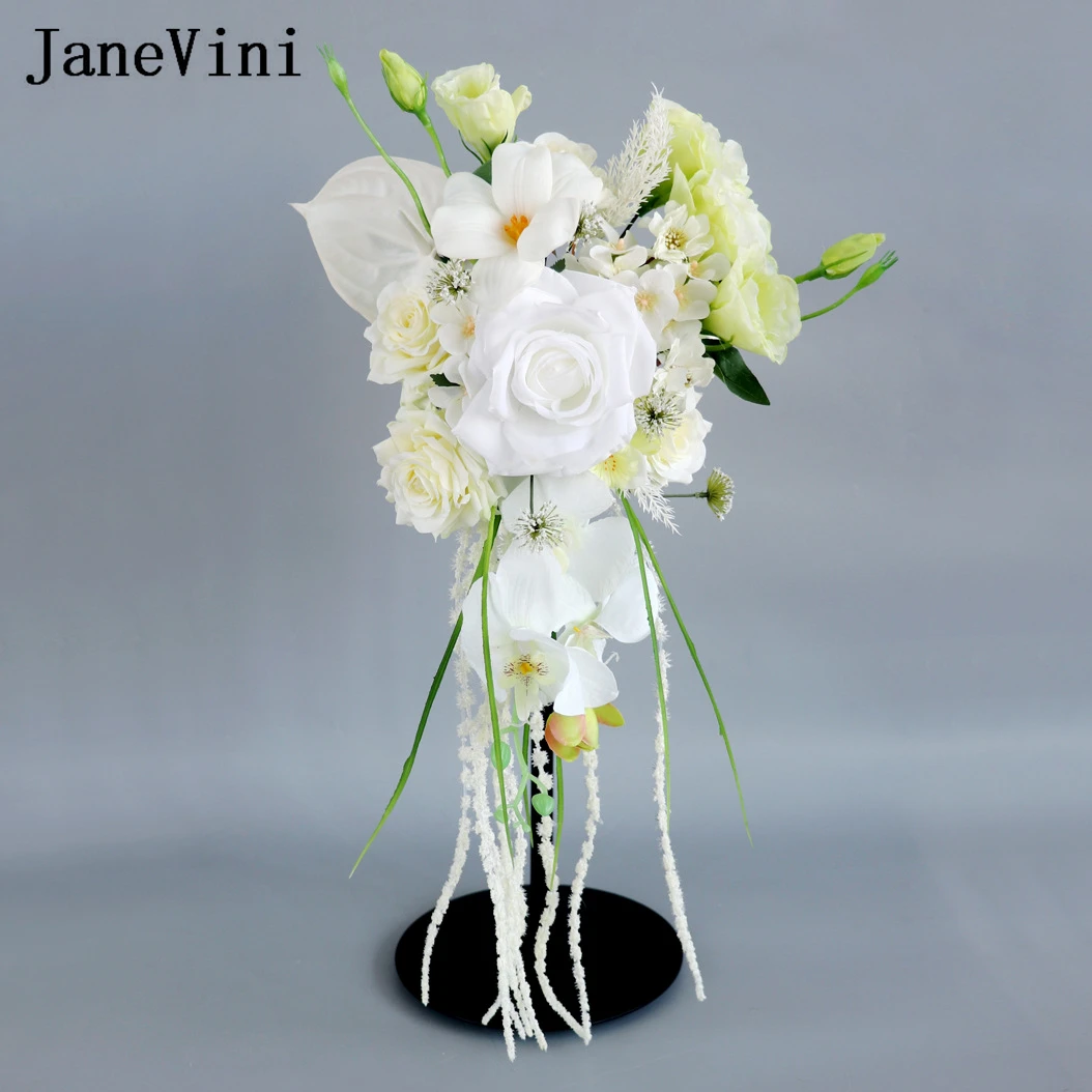 

JaneVini 2024 White Green Wedding Bouquet Bride Artificial Flowers Cascading Bridal Bouquets Quinceanera Accessories Ramos Novia