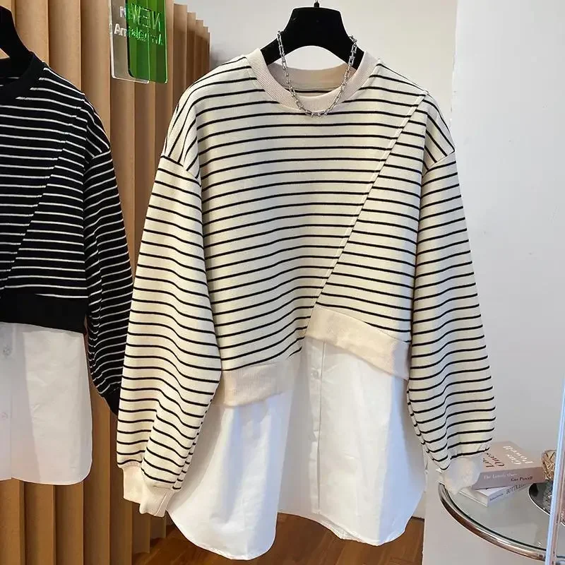 Women High Street Casual Striped Pullovers Elegant Patchwork Tops Spring Autumn New Round Neck Long Sleeve Fashion Sweatshirts