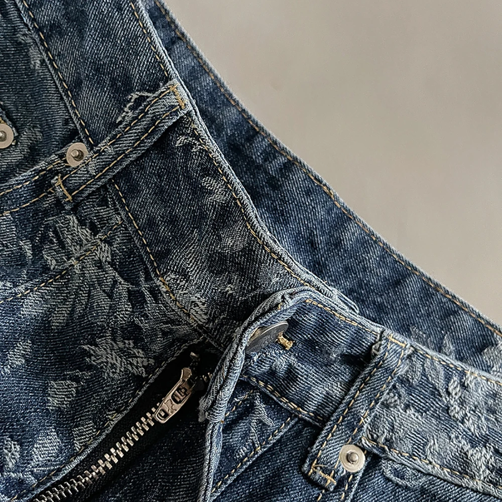 Pantaloni in denim floreale delicato dal design coreano Primavera Estate Jeans dritti a vita alta a gamba larga Pantaloni lunghi casual per tutti gli abbinamenti