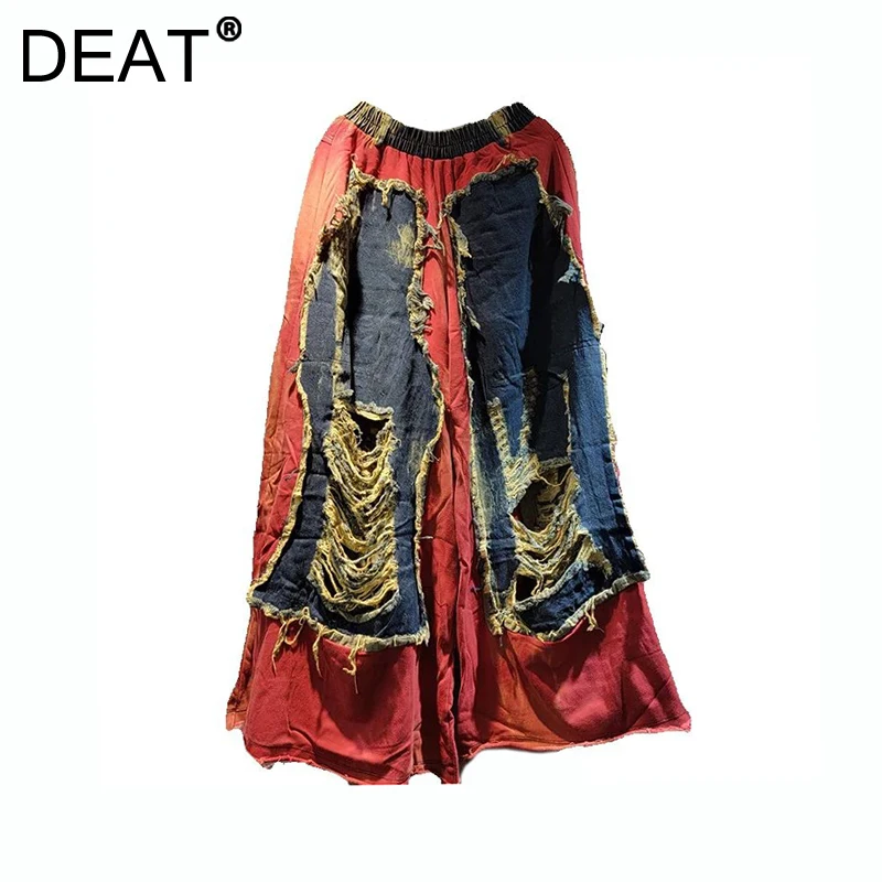 DEAT Women's Denim Pants Patches Design Broken Holes Tie-dye Do Old Elastic Waist Loose Wide Leg Jeans 2024 New Fashion Autumn