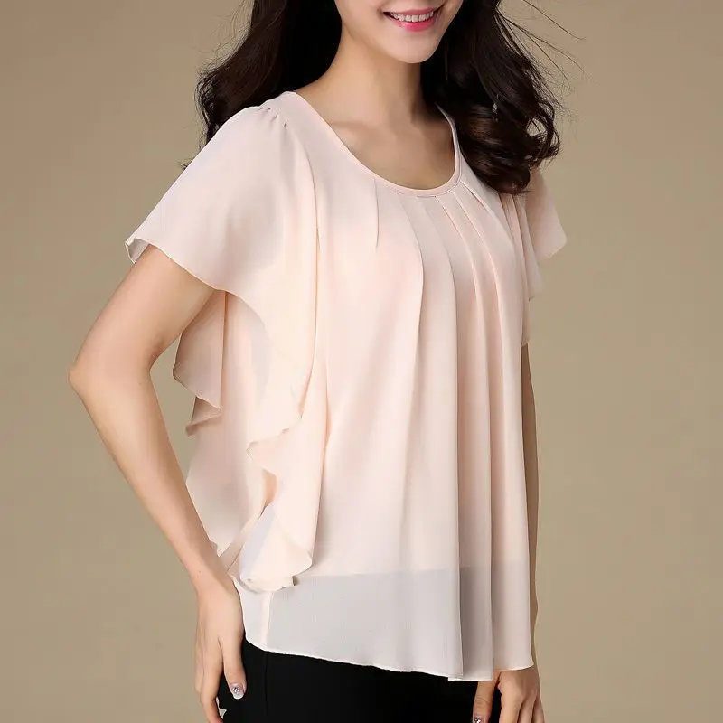 2024 Casual Loose Stylish Round Neck Blouse Female Clothing Commute Ruffles Patchwork All-match Folds Short Sleeve Chiffon Shirt