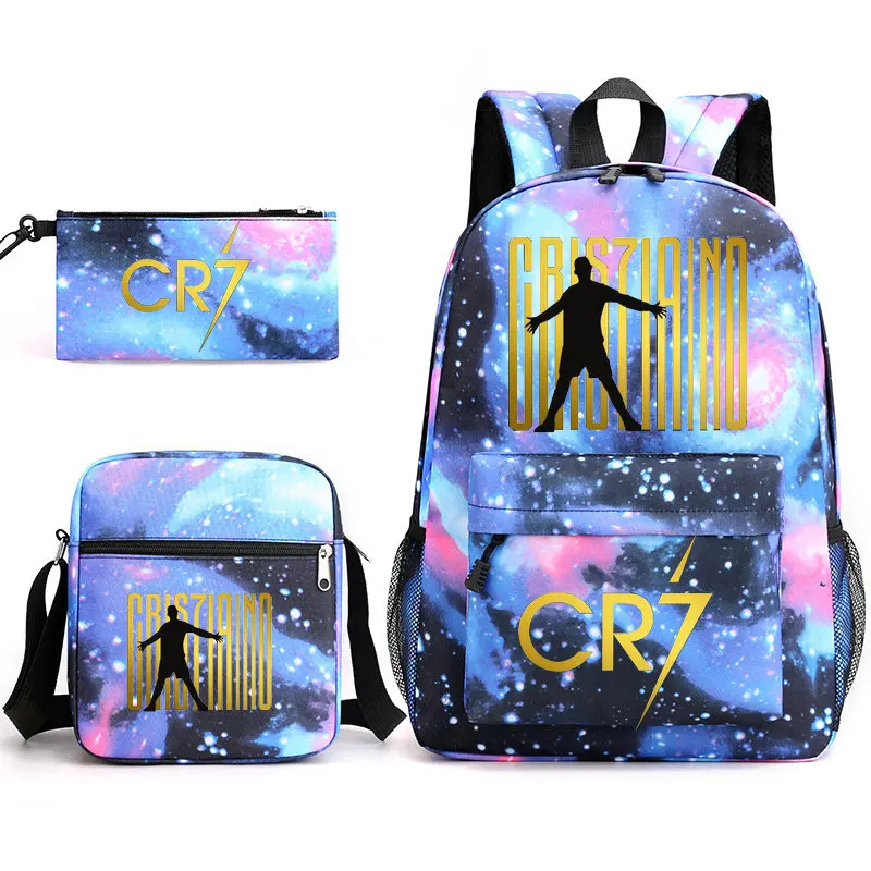 CR7 Estudantes Capacidade School Bags Set, Moda Bookbag, Travel Bag, Shoulder Bag, Pen Bag, Novo, 3Pcs