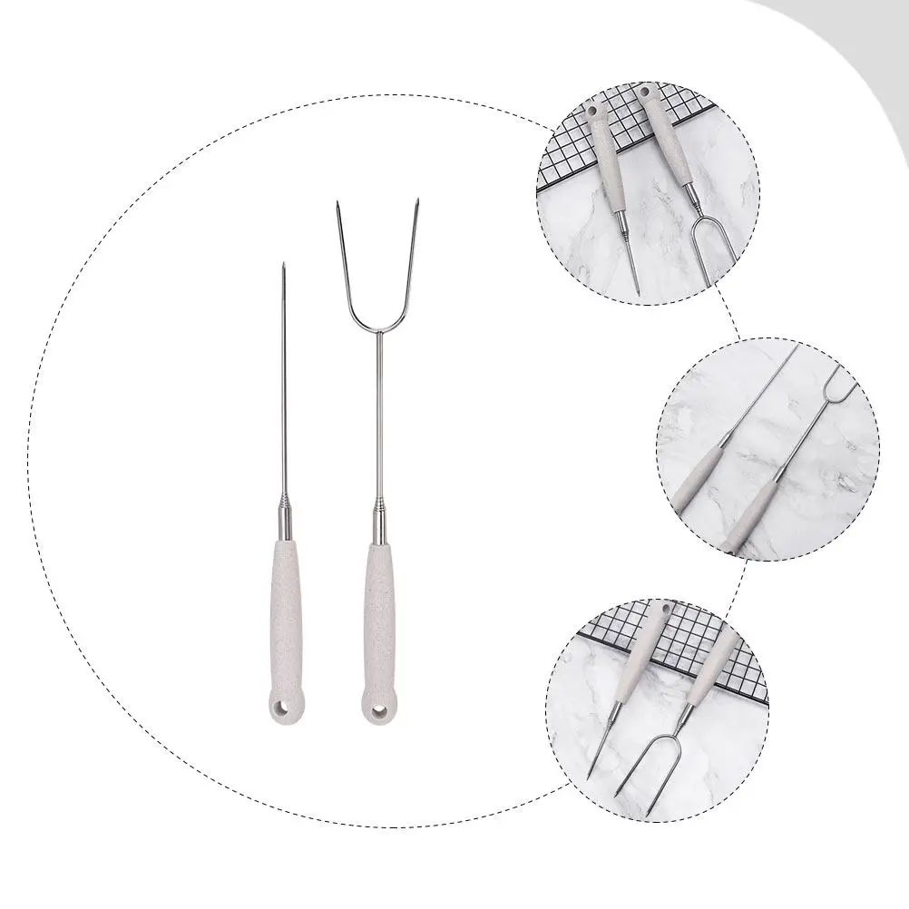 2Pcs Telescopic Barbecue Forks Stainless Steel Heavy Duty Bbq Forks Ergonomic Grip Portable Camping Meat Fork Multi-Function