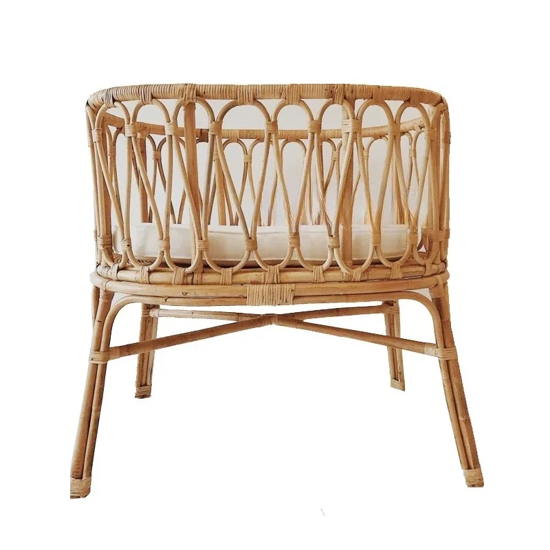 Baby rattan bed, French natural retro style, pure handmade odorless rattan woven children's bed