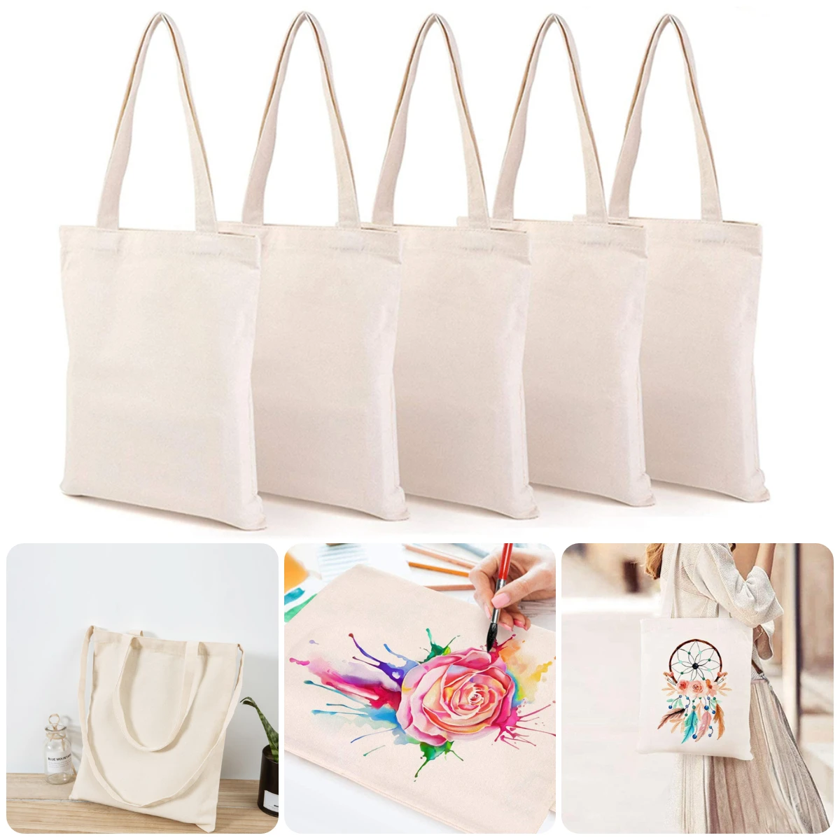 Women Canvas Shoulder Bag Solid Color Casual Tote Bag Reusable Large Capacity Cotton Handbag Shopping Beach Bag Beige/White