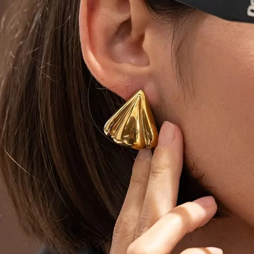 

PuRui Trendy Design Stainless Steel Fan Shaped Stud Earrings for Women Minimalist 18K Gold Plated Irregular Geometry Earring