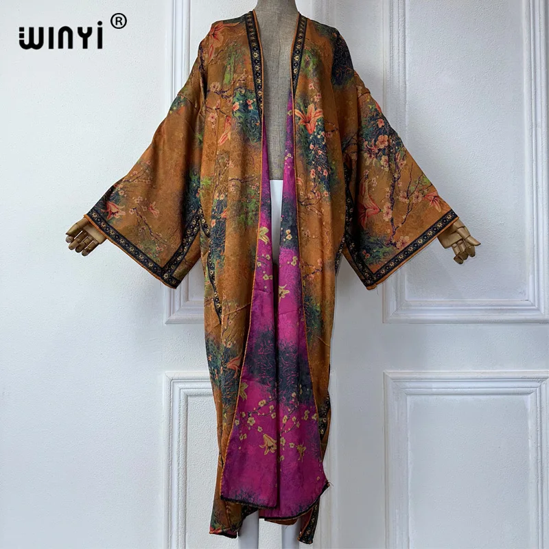 WINYI jesienna wysokiej jakości dwustronnie drukowana jedwabna sukienka plażowa kardigan w stylu Boho elegancka seksowna wakacyjna Kimono z długim