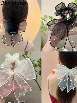Horetong メッシュビッグリボン弾性ヘアバンドポニーテールスイートパール理髪プリンセスゴムバンドエレガントな韓国のヘアアクセサリー