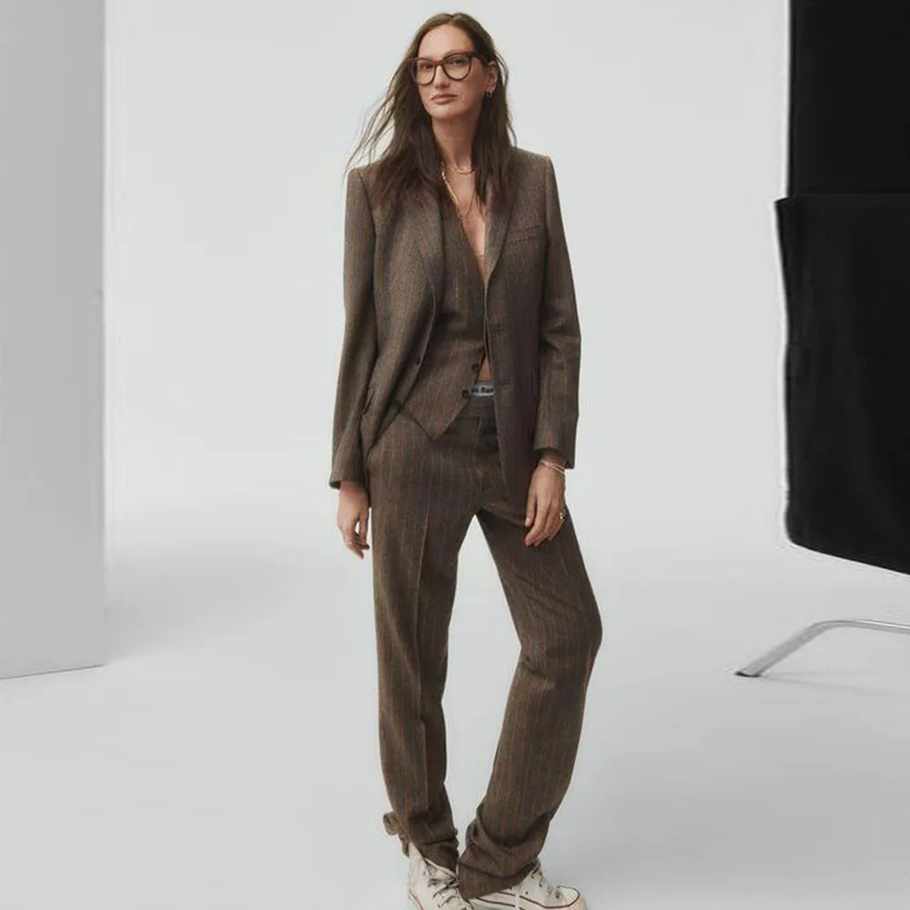 

Fashion Show Women Suits High Quality Business Formal Occasion Customize Stripe Loose Single Breasted 3 Pieces Jacket Pant Vest