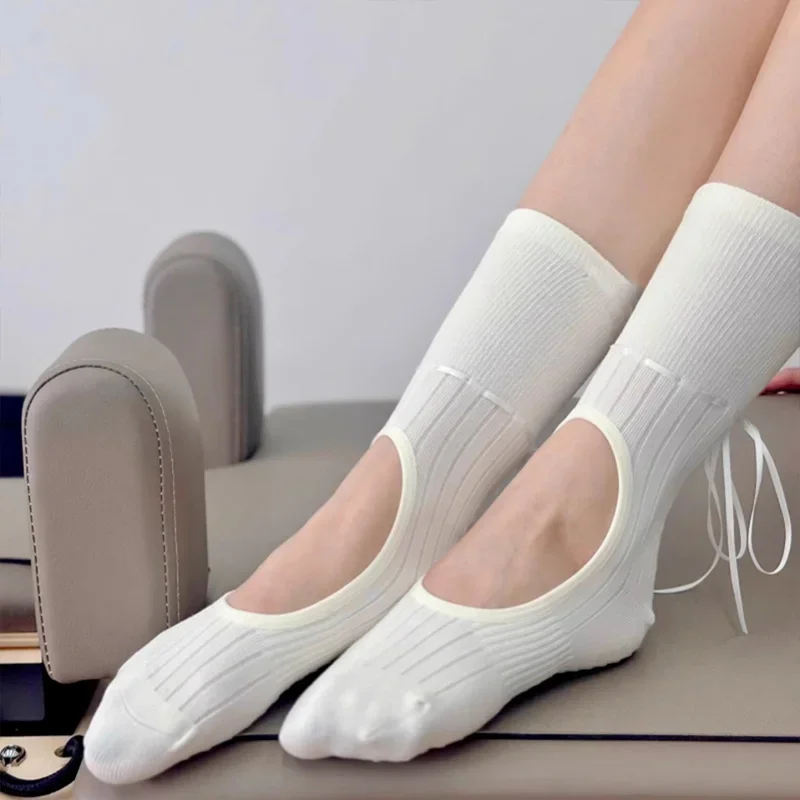 

Fashion Women Yoga Socks Ribbons Exposed Instep Calf Socks Soft Cotton Pilates Training Sock Anti Sliping Fitness Stockings