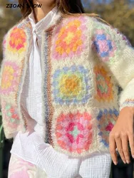 Boho farbige karierte Blume Hand häkeln Strickjacke Vintage Frau o Hals Langarm offene Nähte Pullover Strick pullover