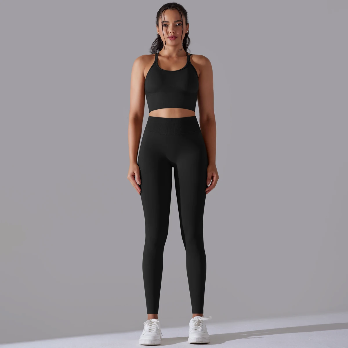 Gebürstetes Yoga-Set für Damen, 2-teilig, Workout, Sportbekleidung, überkreuzter Rücken, Sport-BH, hohe Taille, Leggings, Fitnessstudio, Kleidung, Sportanzüge – Detail 19
