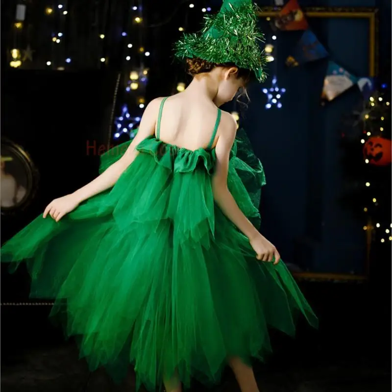 Women Girls Kids Children Green Christmas Tree Costume Outfit Cosplay Props Hat Elf Fancy Netting Dresses Light