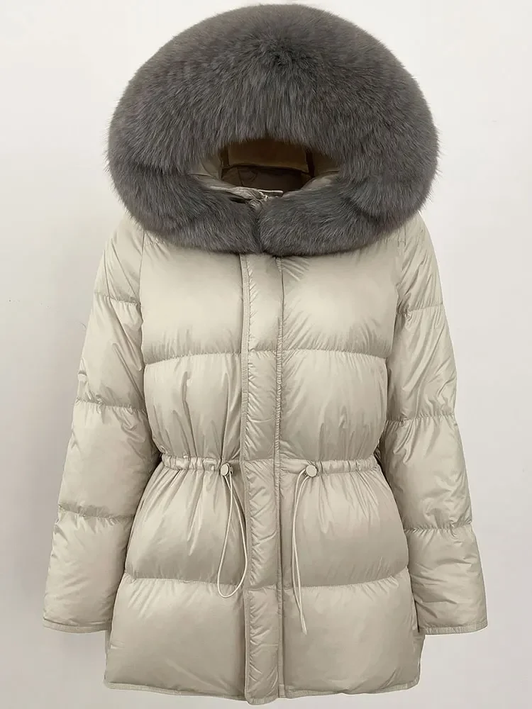 Fashion 2024 Autumn Winter Mid-Length Women Waist Down Jacket Jacket Thickened Warm Down Jacket with Detachable Fox Fur Collar