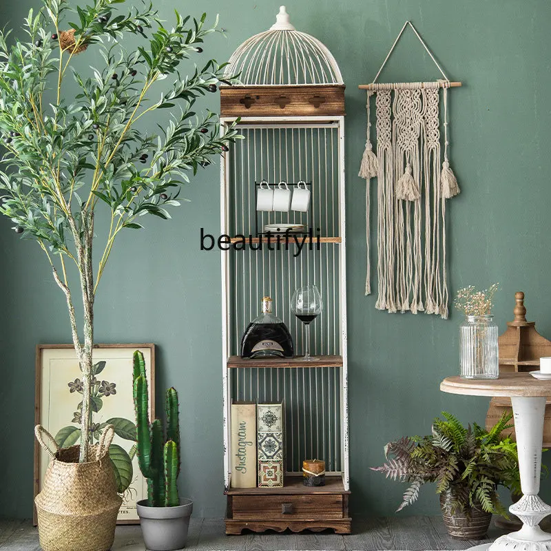 yj American Retro Iron Art Bird Cage Storage Rack Living Room Floor Flower Stand Storage Shelf