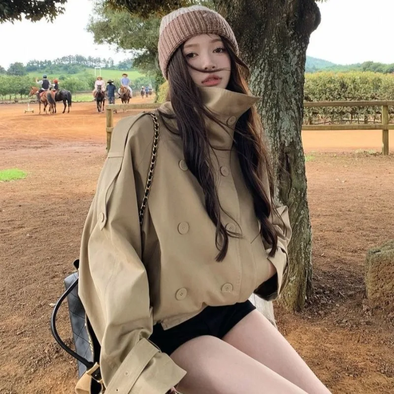 Ladies Vintage Cropped Trench Spring Autumn Jacket Women Streetwear Double Breasted Long Sleeve Top Female Chic Coat Outfits