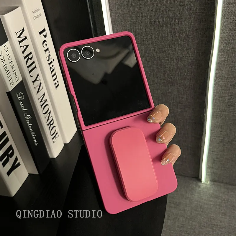 For Samsung Galaxy Z Flip 8 7 FE 6 5 4 3 5G Fashion Cute Square Stand Holder Bracket Matte Skin Rose Red Back Case Cover