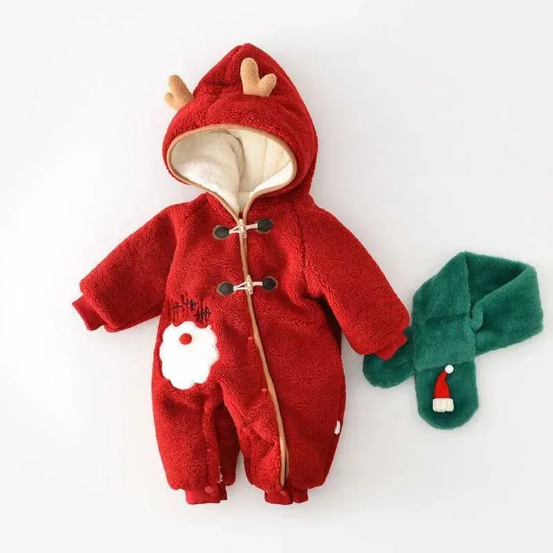 Newborn Baby Boys Girls Christmas Costume Winter Romper Jumpsuit Scarf 2PCS Clothes Set Child Warm Thick Infant Bodysuit