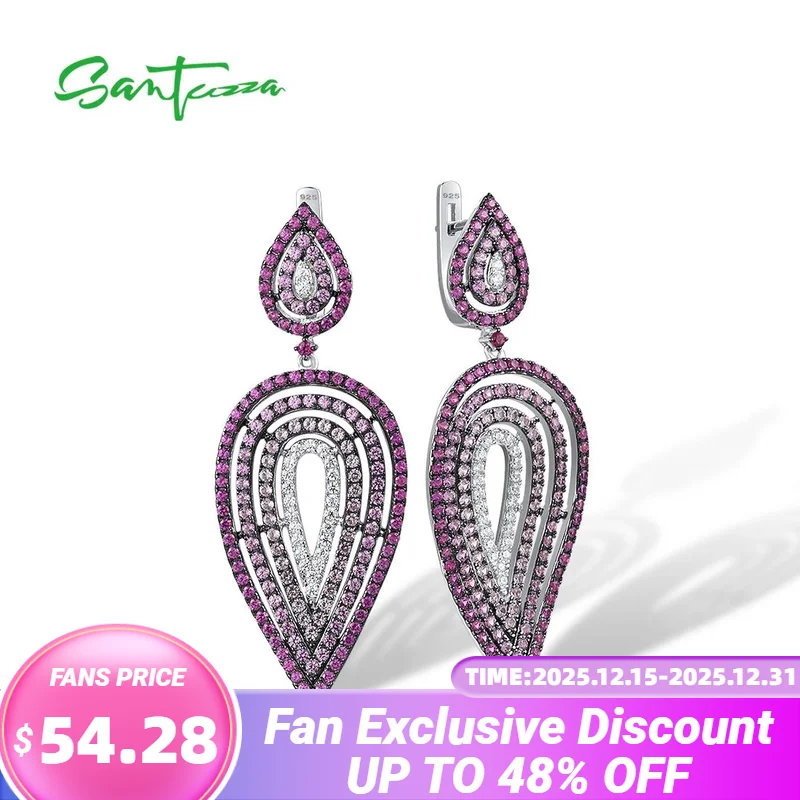 

SANTUZZA Pure 925 Silver Dangling Earrings For Women Sterling Silver Sparkling Created Pink Sapphire Ruby Geometric Fine Jewelry