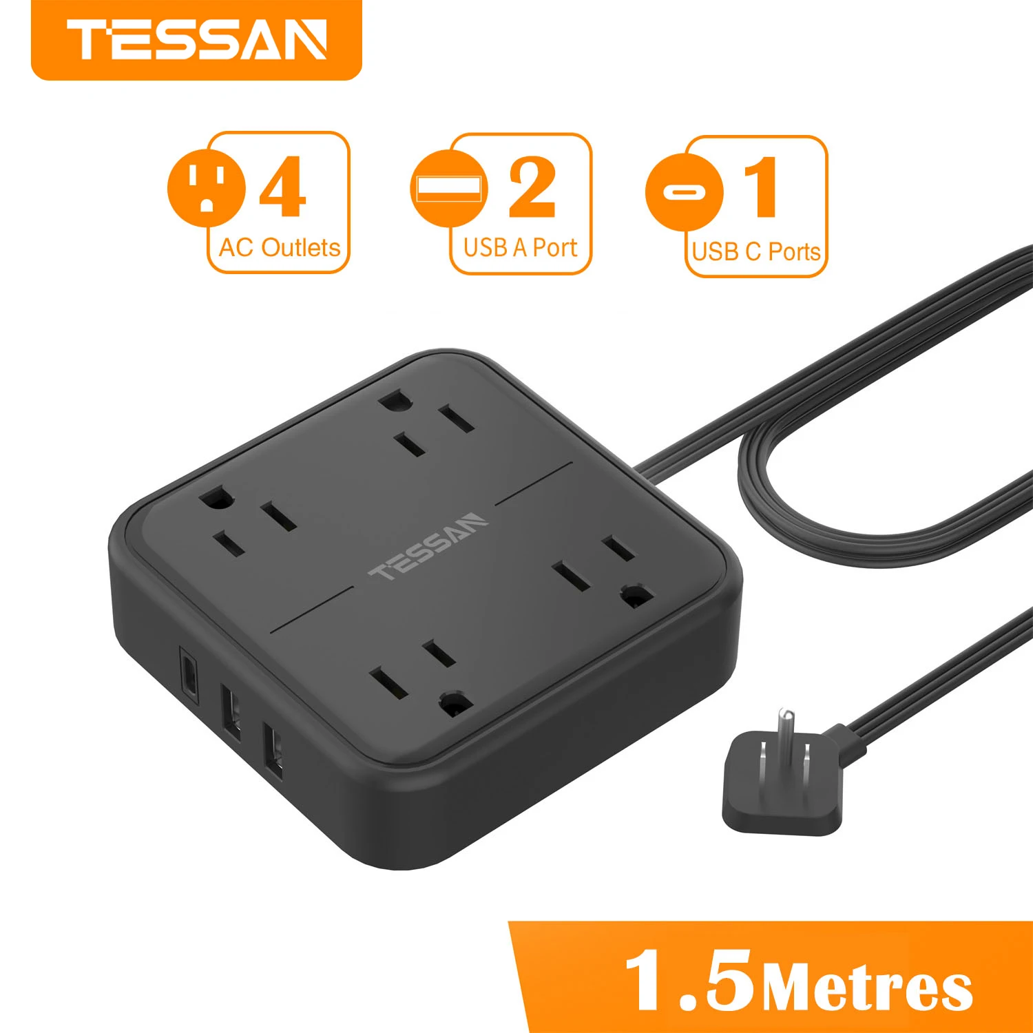 TESSAN US Plug AC Outlet Multiprise Power Strip Flat Extension Cord 5FT Electrical Socket Network Filter USB Type-C Charging