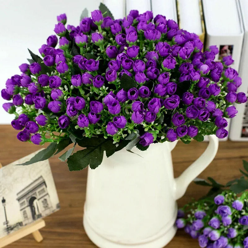 1 Bunch Fake Flower 36 Heads Artificial Silk Flowers Small Bud Rose Wedding Home Festival Grave White Purple Bouquet Decoration