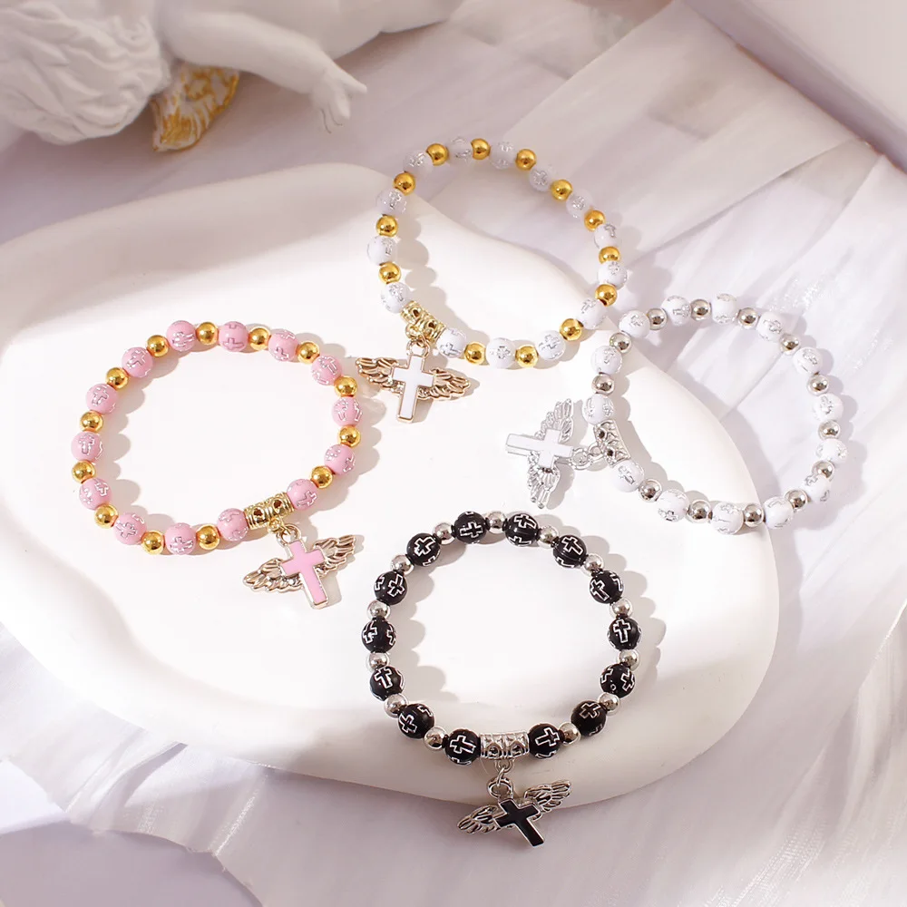 سوار مسبحة من خرز الأكريليك المتقاطع مع قلادة ملاك مطلية بالذهب - هدية معمودية دينية مجوهرات مصنوعة يدويًا (قابلة للتعديل) #2