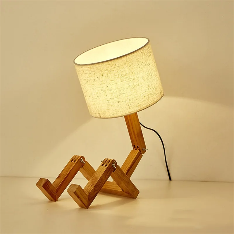 Lampe de table LED humanoïde en bois créative, lampe de table décorative nordique, adaptée à la chambre familiale, à l'étude, au salon