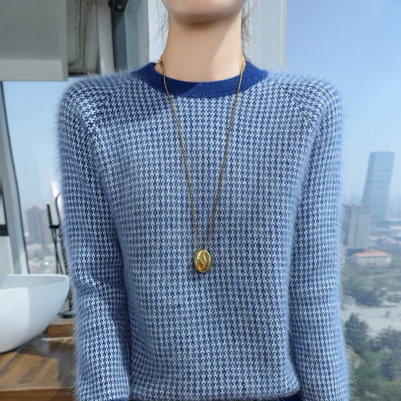 

100% Mink Cashmere Sweater Women's Round Neck Knitted Pullover Winter Thick Loose Tops Fashion Knitted Jacquard Female Clothing