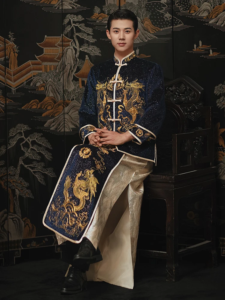 Oriental Groom Wedding Suit Jacket + Robe Men Blue Large Hanfu Tang Suit Clothing Embroidered Dragon Gown for Overseas Chinese