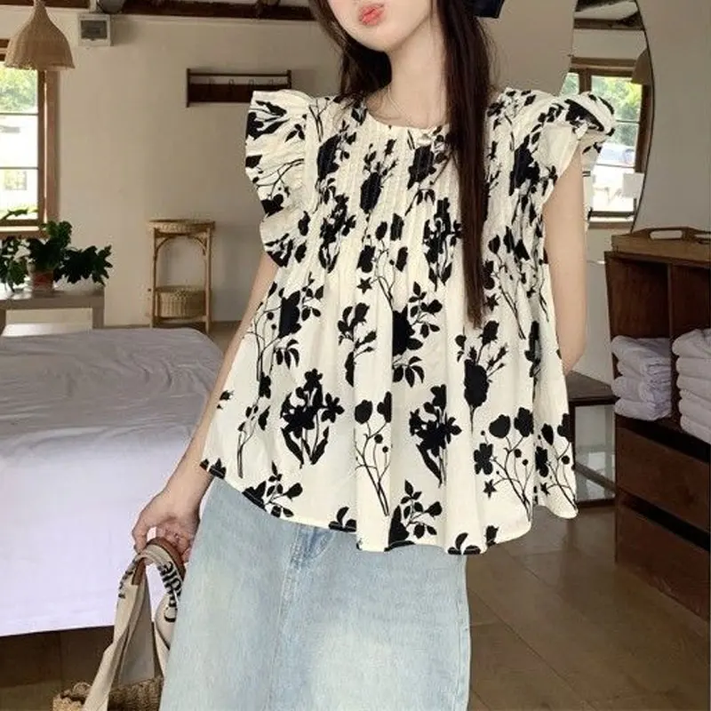 Broken Flowers Flying Sleeve Shirt Women\'s Clothing Loose Casual Round Neck 2024 Summer Stylish Pleated Vintage Elegant Blouse