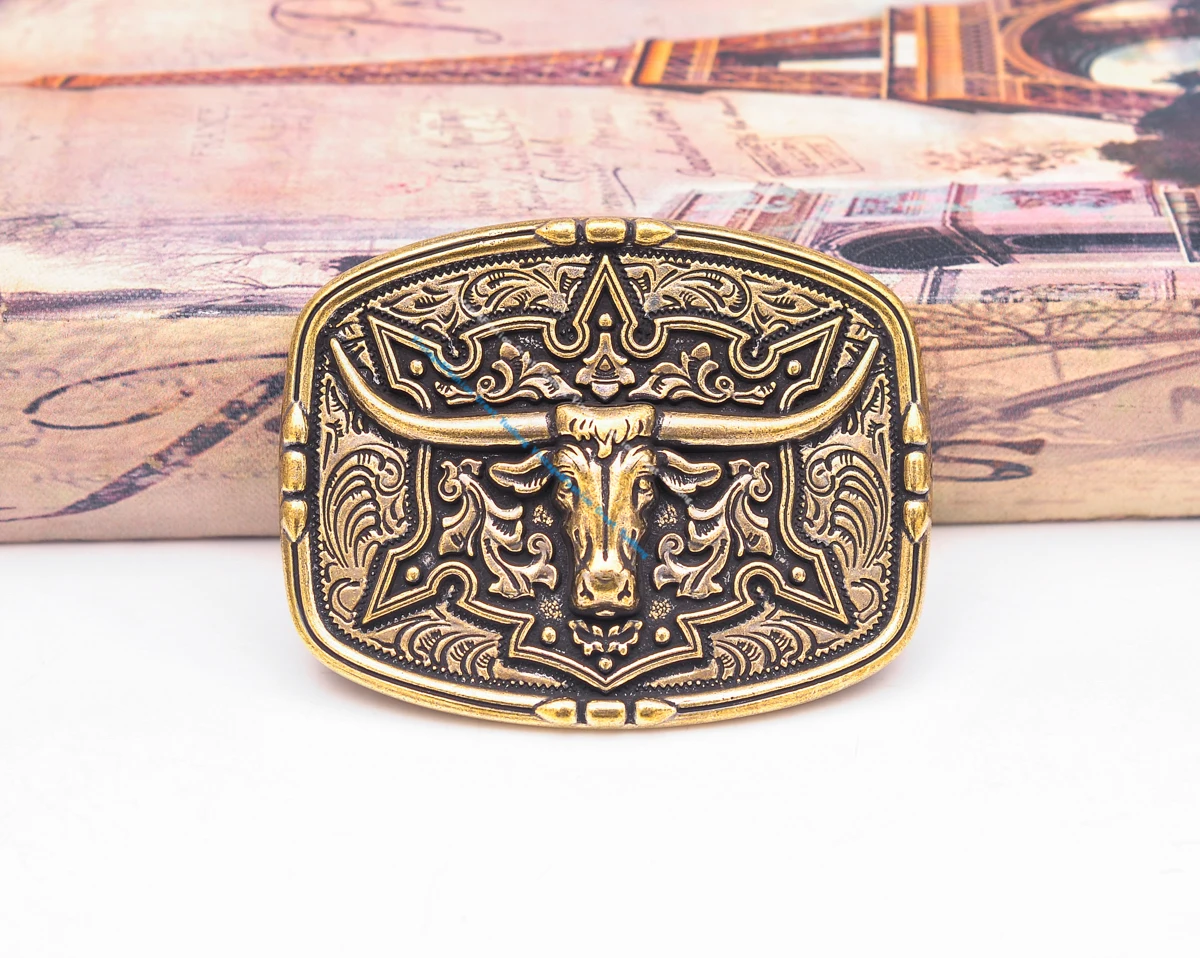 Antique Brass Men\'s Western Cowboy Biker Heavy Longhorn Bull Head Rodeo Leathercraft Belt Buckle Fit 40mm Strap