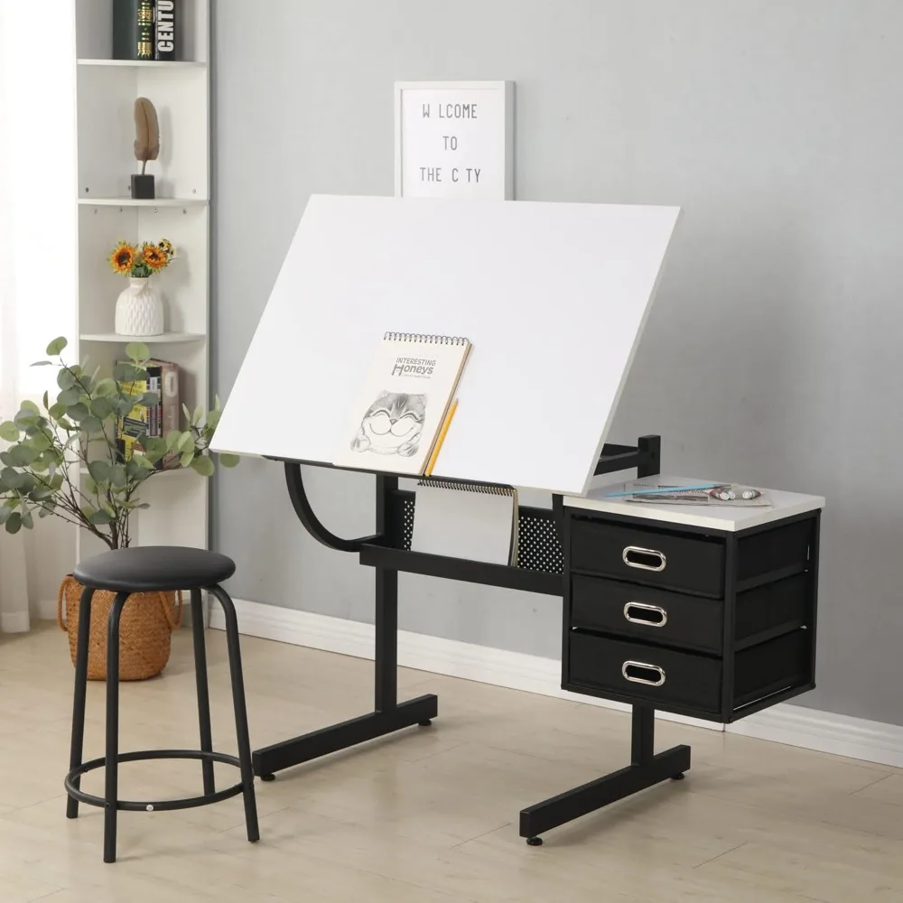 

Adjustable School Desk, with Stool,Drawing Table Artist Tilted Tabletop with 3 Storage Drawers, School Desk