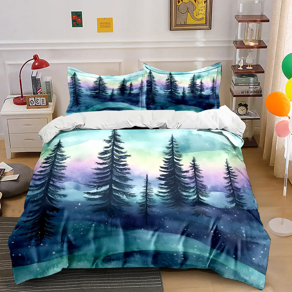 Dreamy Forest with Twinkling Stars Printed Duvet Cover Set 1 Duvet Cover+2 Pillowcase Multi Size Bedroom Bedding Decor