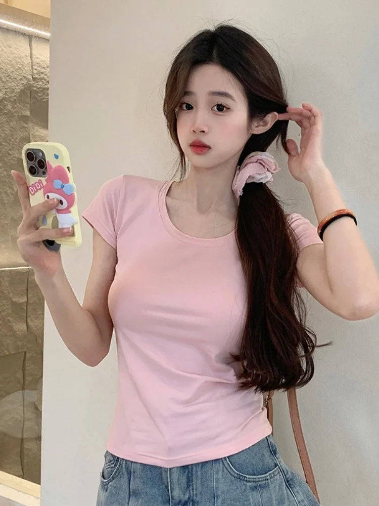 

Slim Fit ort Sve T-irt Women's Summer Sle Pure Color ort Length Faionable Commute Korean Version Breathable Mois...