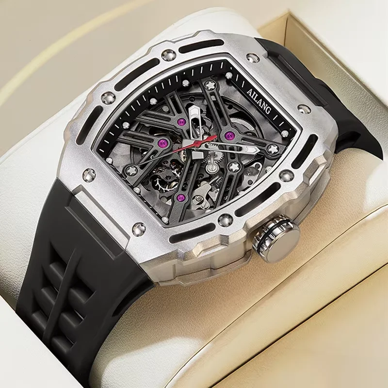 

Hollow-out New Style automatic watch tonneau dial silicone strap waterproof sport mechanical wristwatch stainless steel