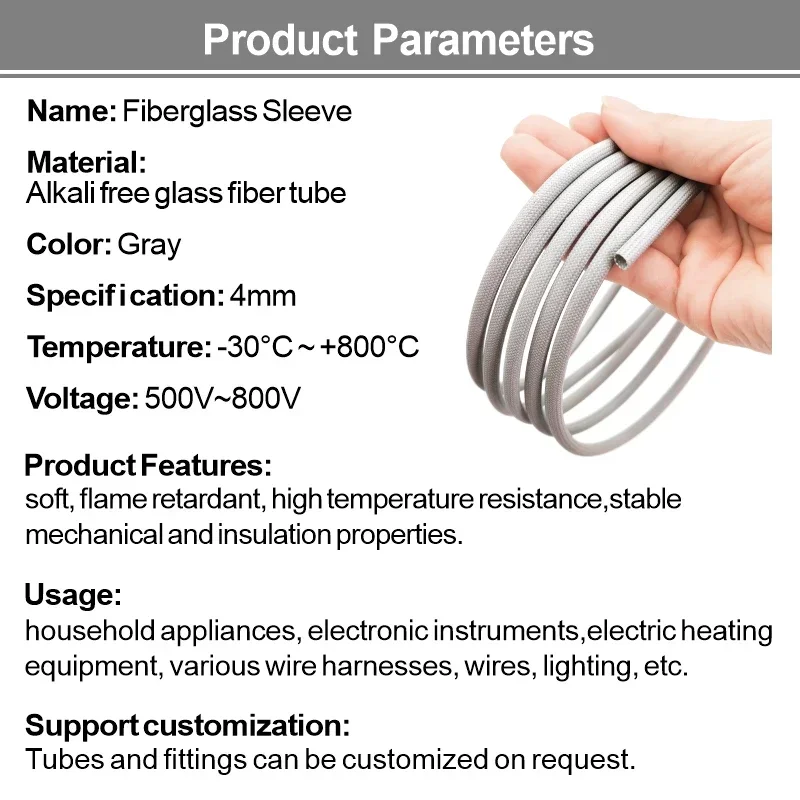 800Deg.C Gray Fiberglass Tube Cable Sleeve ID 4mm Chemical Fiber Glass Sleeved Alkali Free Fiber Braided Insulation Hose