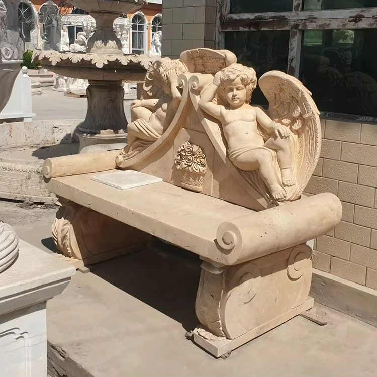 Outdoor Park Natural Stone Hand Carved Garden Chair Beige Marble Bench Sculpture