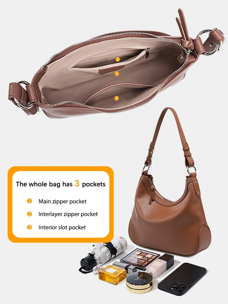 Zency New Half-moon For Women Underarm Hobo Bag  Genuine Leather Handbag Shoulder Crossbody Solid Bottom Retro Purse For Girls