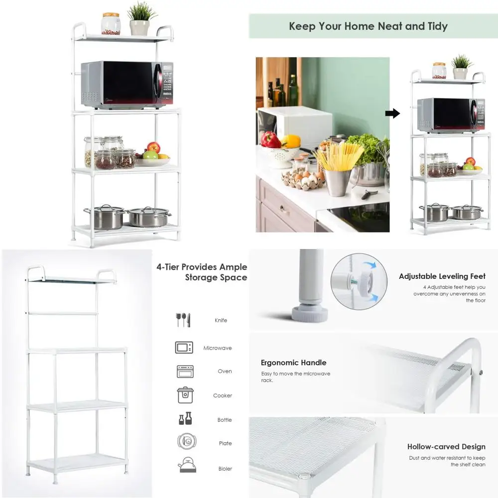 

4-Tier Metal Microwave Storage Rack - Free Standing Wire Shelves for Kitchen, Strong Mesh Bakers Rack with Utility Shelving