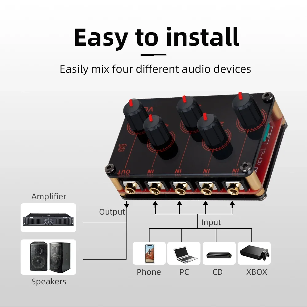 Mezclador de línea de 4 canales, consola mezcladora de sonido analógico portátil, mezclador estéreo de la más alta calidad de sonido, mini mezclador USB DC5V Power