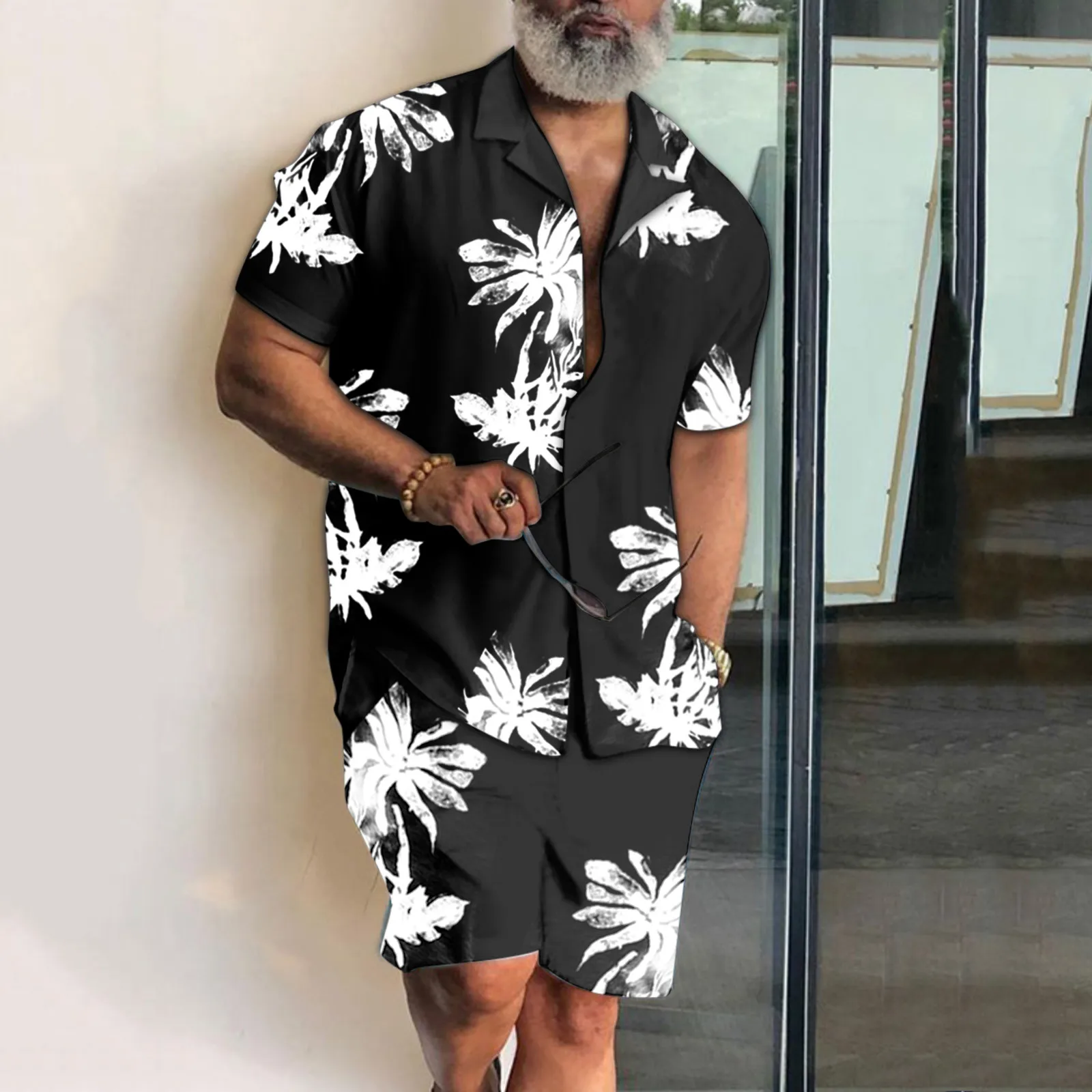 Hawaiian Summer Shirt and Shorts Set Beach Clothing Men\'s Clothing 2 Pieces Holiday Dress Buttoned Shirts Buttoned Shirts