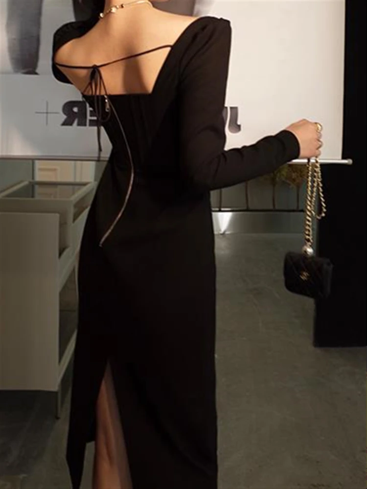 Luxury Long Sleeve Vintage Embroidery Party High Waist Elegant Boho Fall Spring Runway Dress Dresses Women 2023 Lace Solid Black