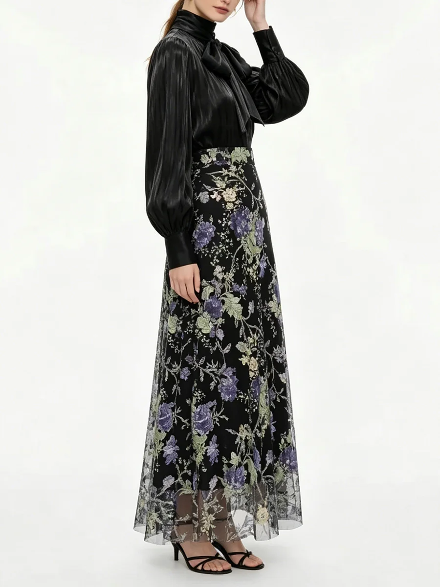 VGH Elegant Chic Black Floral Two Piece Set for Women Scarf Collar Long Sleeve Blouse High Waist Maxi Skirt Suit for Casual Wear view 2