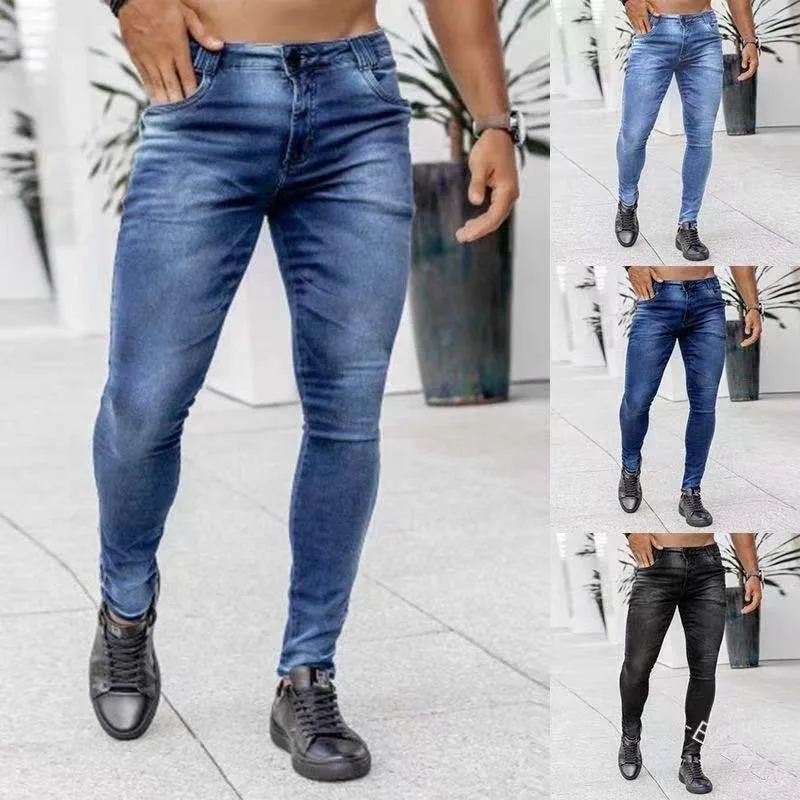 Plus Size Men Sexy Jeans Denim Pants High Waist Distressed Washing Slim Fit Sheath Pockets Slight Strech Zipper Ankle Length