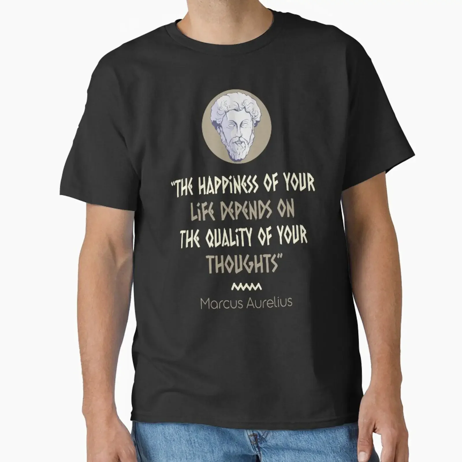 T-shirt vintage délavé respirant et extensible, inspiré de la philosophie stoïcienne, citations de Marcus Aurelius sur le bonheur et les méditations, style streetwear classique