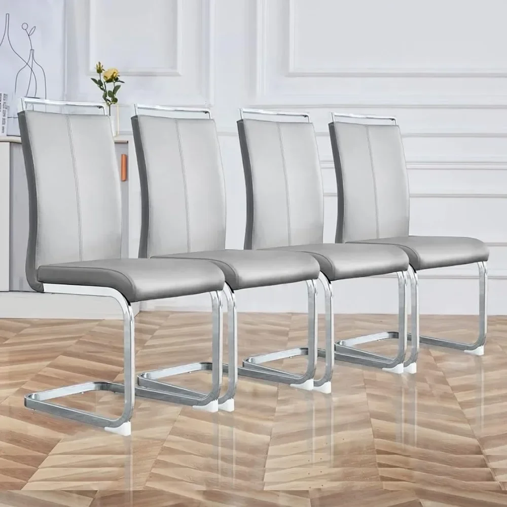 Dining chair set modern kitchen metal chair, faux leather cushion seat with high backrest and sturdy chrome legs set of 4 pieces