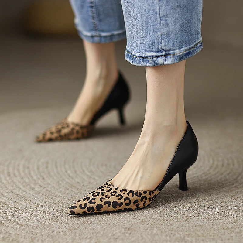 2024 Spring Women Shoes Leopard Print Shoes for Women Pointed Toe Chunky Heel Shoes Slip-On Women Pumps Concise High Heel Shoes