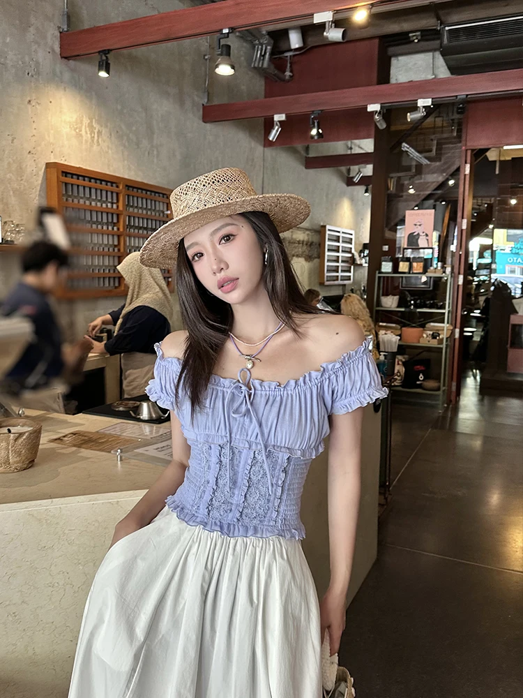 

ZQ Subtle Summer Blue Purple Lace High Densi Cotton Women's Slim Fit ort irt Design Sense Floral Small irt